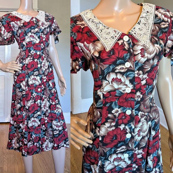 Vintage 90s Midi Dress Prairie Dark Floral Lace Collar Cottagecore Prairie 8P - Picture 1 of 10